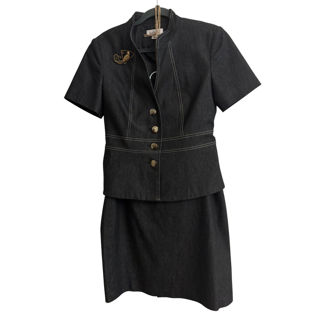 Isabella Suits Denim Skirt Set Dark Wash Black 2 Piece Blazer Skirt Size 8 Retro
